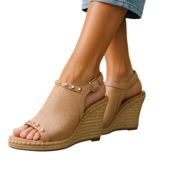 MARC FISHER Santon Tan Nude Espadrille Wedges Shoes Open Toe Gold Studded Boho 6 - Picture 1 of 12